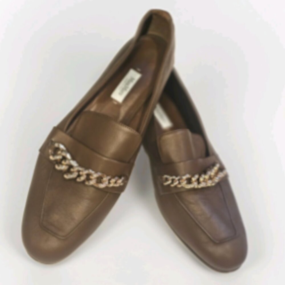 Max Mara Brown Leather Chain Detail Loafers Size 41 Made in Italy